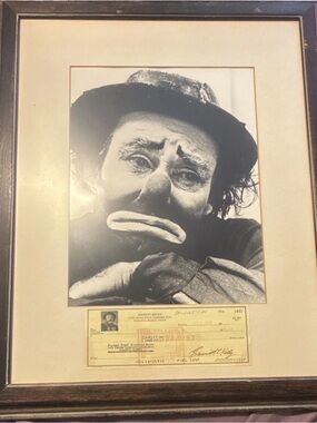 Framed and signed EMMETT KELLY Monochrome Clown Portrait Print in Brown Frame